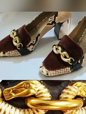 Tory Birch Leather Snake Skin Emboss Zebra Velvet and Gold Pumps Heels Size 8.5